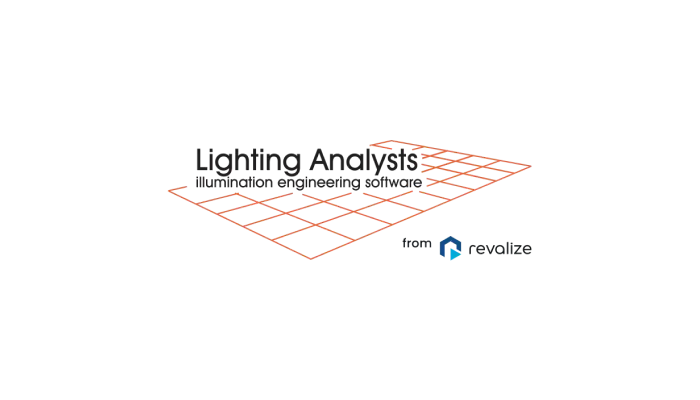 Logo for Lighting Analysts illumination engineering software AGi32 Version 22.2, featuring a red grid and the text from Revalize with the Revalize logo on a white background.