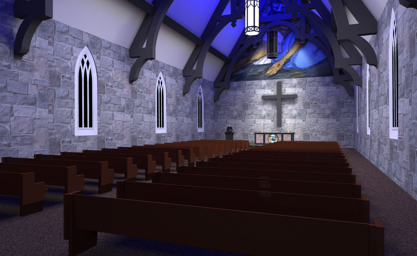 Interior of a small stone chapel with wooden pews, arched windows, a cross on the wall, altar at the front, and blue lighting on the ceiling designed using Illuminating Engineering Software.