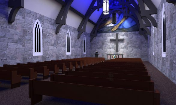 Interior of a church with stone walls, wooden pews, arched windows, a large cross at the front, and a blue-lit ceiling—enhanced using Illuminating Engineering Software—with a mural above the altar.