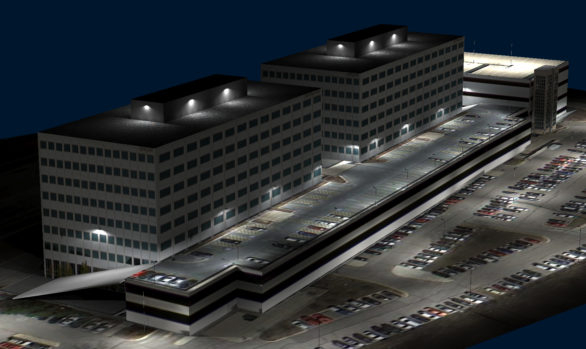 Aerial night view of a multi-story office building with two towers, a parking garage, and numerous cars parked in surrounding lots—artificial lights precisely designed using Illuminating Engineering Software.