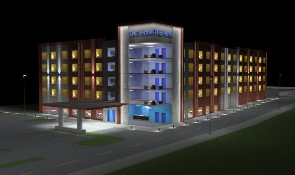 A four-story hotel building at night with illuminated windows, a lit entrance canopy, and visible lobby and rooms through cutaway sections, designed using Illuminating Engineering Software for optimal lighting effects.