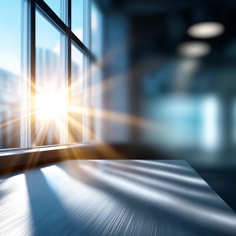 Sunlight shines through large windows, casting bright rays and shadows onto a smooth tabletop in a modern, unfurnished room—perfect for testing with illuminating engineering software.
