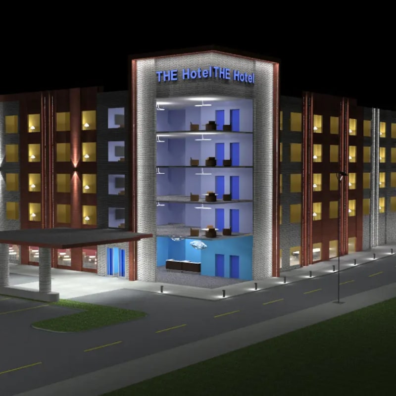 A multi-story hotel building at night with illuminated rooms showcasing precise luminaire data, blue doors, and a covered entrance; THE Hotel signage is visible on the facade.