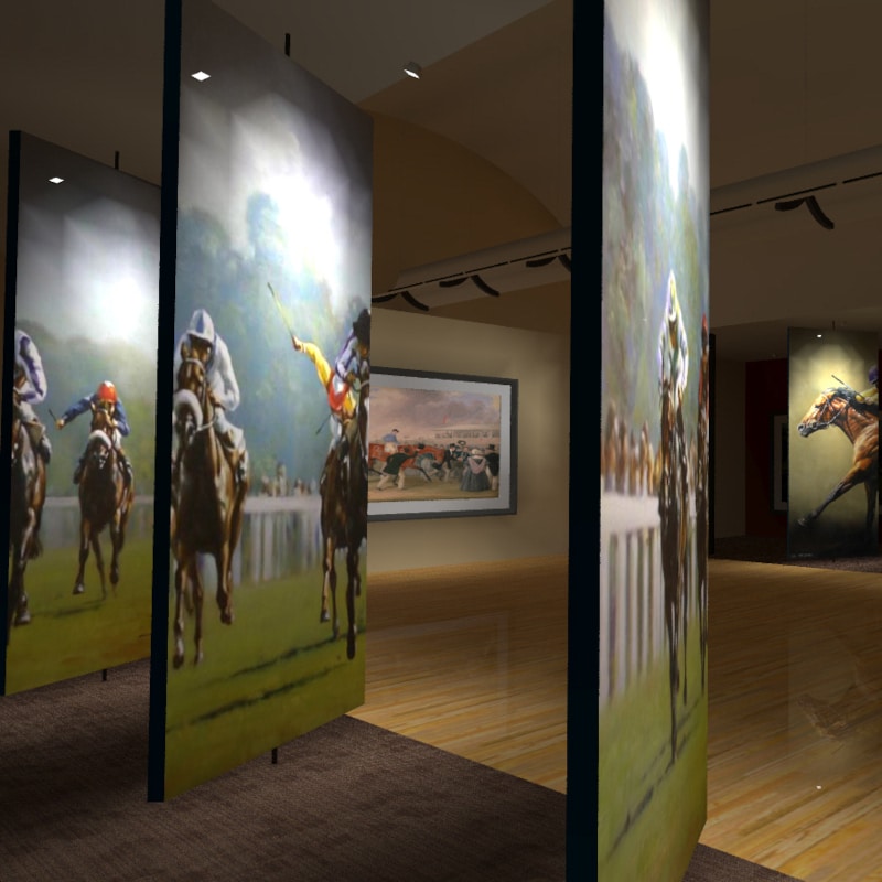 A museum exhibit featuring large panels with paintings of horse racing, displayed in a well-lit gallery space with wooden floors enhanced by illuminating engineering software for optimal lighting.