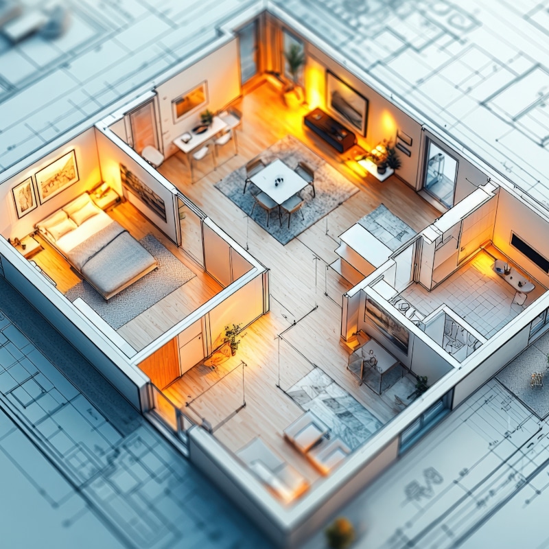 A 3D-rendered model of a modern apartment floor plan, enhanced with Elum Tools lighting, sits atop architectural blueprints, displaying furnished rooms with warm lighting.