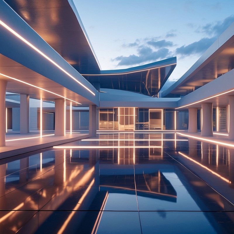 Modern building with sleek lines, illuminated by linear lights modeled using Illuminating Engineering Software, reflected on a glossy floor at dusk under a partly cloudy sky.