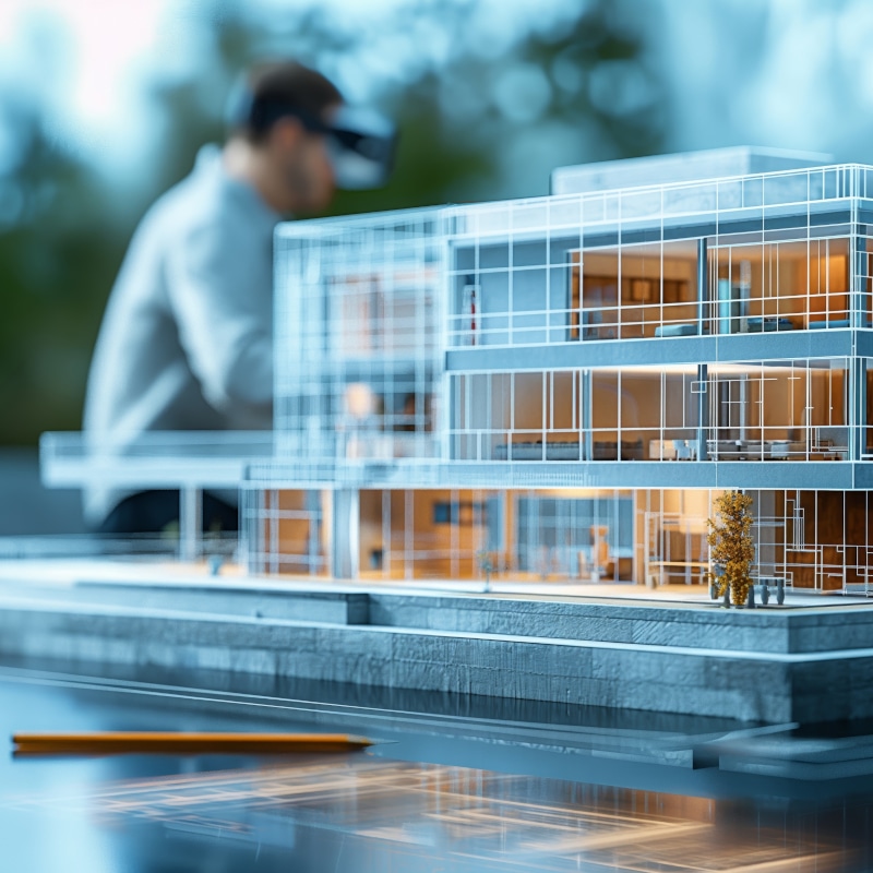 A person uses virtual reality goggles behind a detailed architectural model of a modern glass building, exploring designs with pencils, papers, and illuminating engineering software visible in the foreground.