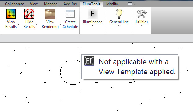 A software toolbar with a message box stating, Not applicable with a View Template applied, over a drawing with dashed lines and a circle.