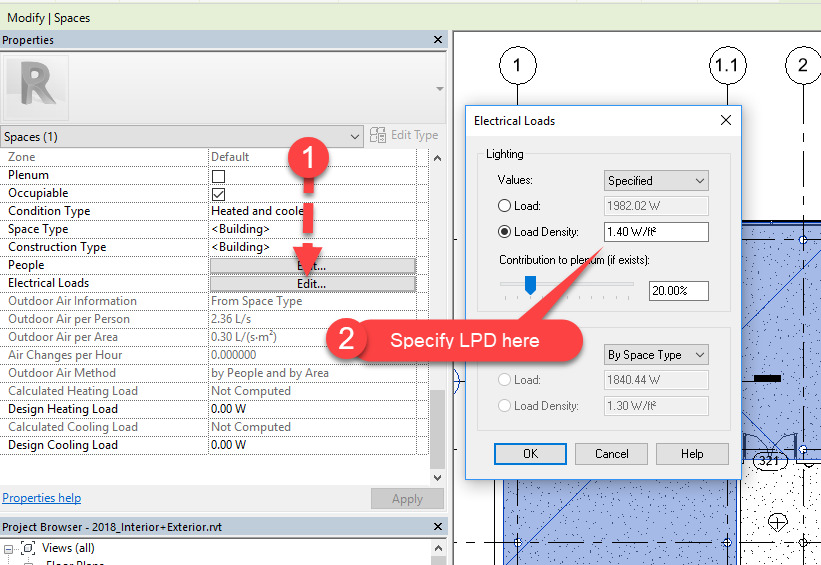 Screenshot of a building modeling software interface showing how to specify Lighting Power Density (LPD) in the Electrical Loads settings.