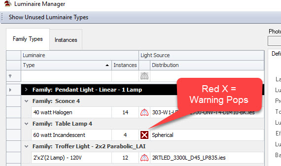 A software interface shows a list of luminaire types, with red X warning icons next to some entries. A label points to a red X and reads Red X = Warning Pops.
