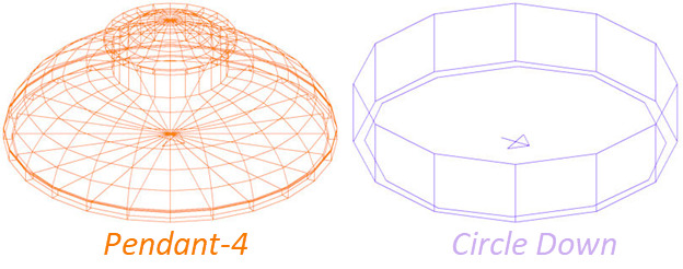 Wireframe diagrams of two 3D shapes: a dome labeled Pendant-4 on the left, and a polygonal ring labeled Circle Down on the right.