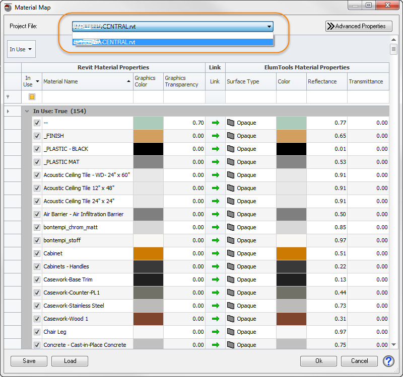 Screenshot of a Material Map dialog showing material properties for various items, with project file dropdown menu highlighted at the top and a list of materials displayed below.