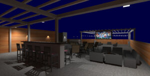 Outdoor patio at night with bar seating, lounge chairs, a large screen showing a sports game, wooden walls, and expertly arranged string lights overhead—designed in consultation with Lighting Analysts for the perfect ambiance.