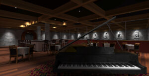 A grand piano stands in the foreground of a dimly lit restaurant with wooden accents, round tables, chairs, and framed art on stone walls—an ambiance perfected by expert Lighting Analysts.
