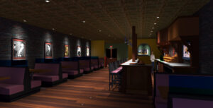 Dimly lit restaurant interior, expertly crafted by Lighting Analysts, with cozy booth seating on the left, a long bar with stools on the right, framed photos on the wall, and a person standing near the bar.