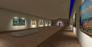 A spacious art gallery with expert Lighting Analysts' touch—paintings on both walls, wooden floors, brick walkways, white benches, and a bright artwork featuring a Union Jack at the far end.