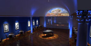 A dimly lit dining room, expertly curated by Lighting Analysts, features a grand piano, framed portraits on blue walls, arched columns, and a mural of a violinist on the vaulted ceiling.