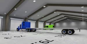 A blue semi-truck with a flatbed trailer is parked inside a large garage; a green van is visible in the background.
